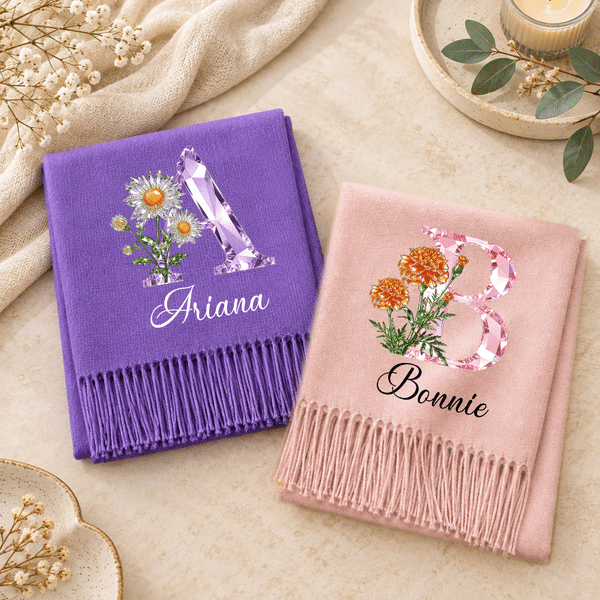 Personalised Diamond Style Birth Flower Soft Warm Tassel Scarf Shawl with Name and Initial Winter Accessory Birthday Christmas Gift for Family Friend