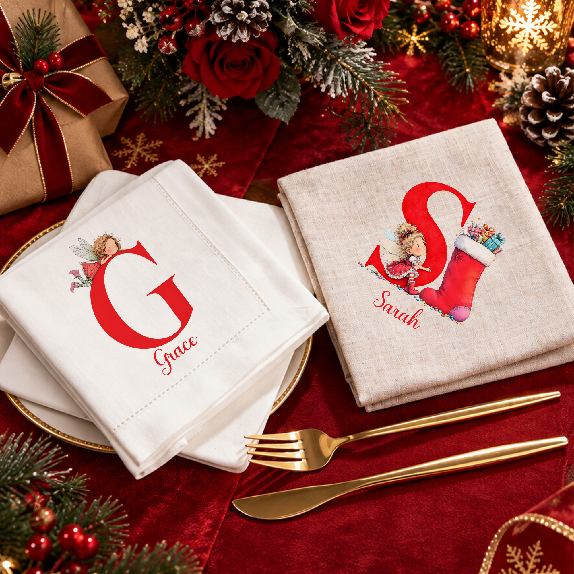 Personalisierte Weihnachts-Serviette aus Leinen mit Initialen und Namen – Tischdekoration, Weihnachtsgeschenk für Kinder, Familie und Freunde