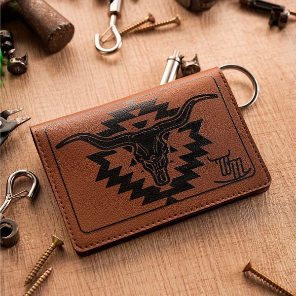 Gepersonaliseerde Western Cow Skull Geometrisch Patroon PU lederen portemonnee sleutelhanger met brief draagbare accessoires reizen verjaardagscadeau voor familie vrienden