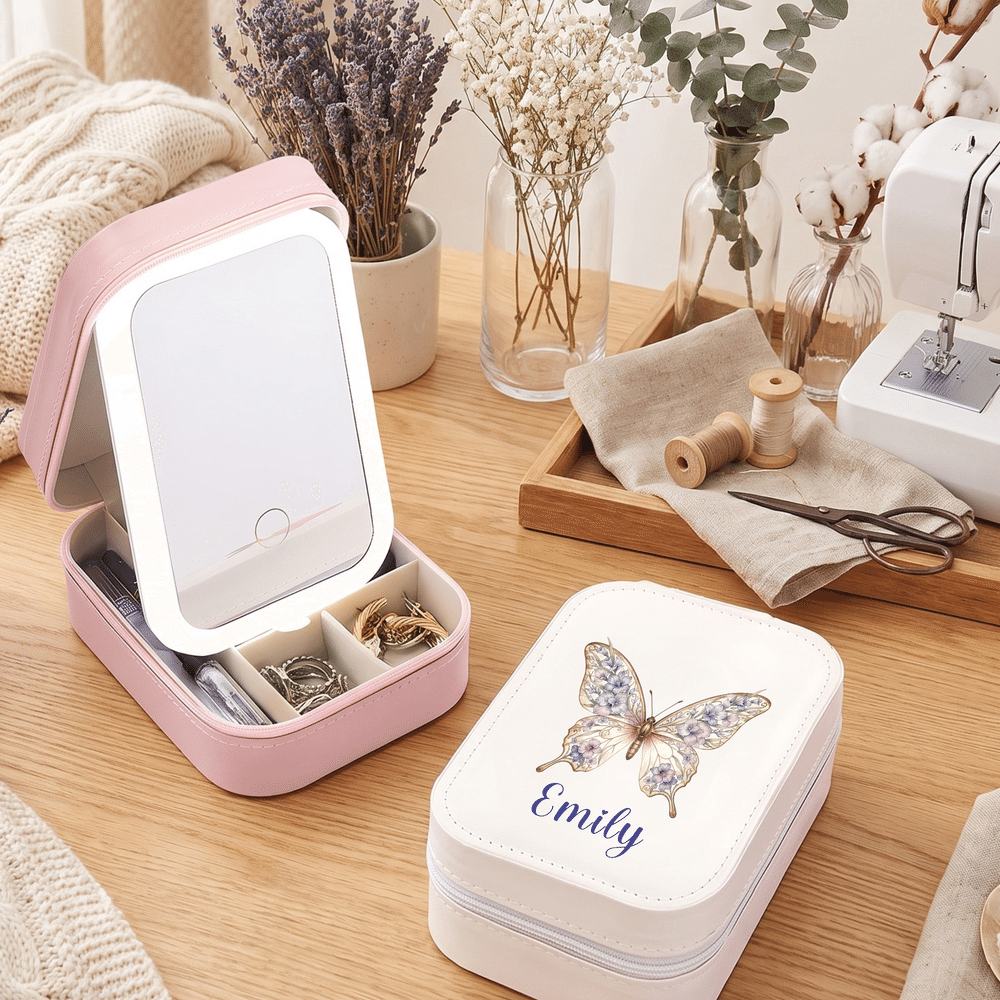 Boîte à bijoux personnalisée en cuir PU sur le thème des papillons et des fleurs de naissance, avec prénom et miroir de maquillage LED tricolore réglable – Cadeau d'anniversaire pour femme, à utiliser au quotidien 6