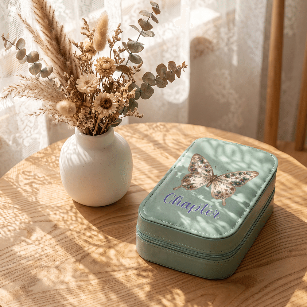 Boîte à bijoux personnalisée en cuir PU sur le thème des papillons et des fleurs de naissance, avec prénom et miroir de maquillage LED tricolore réglable – Cadeau d'anniversaire pour femme, à utiliser au quotidien 3