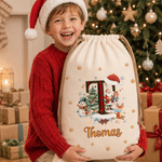 Bolsa de regalo personalizada con cordón, con diseño de Papá Noel, renos y muñeco de nieve, con iniciales y nombre, ideal como regalo de Navidad para la familia y los niños 5