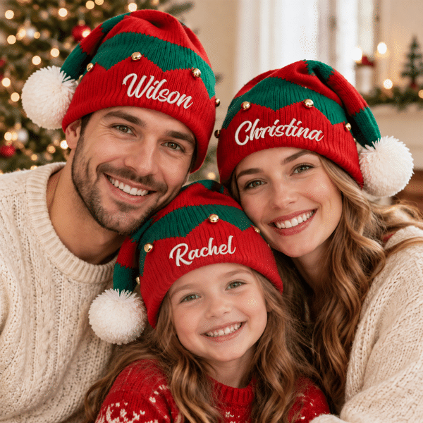 Personalised Embroidery Little Bell White Fluffy Ball Santa Hat with Name Christmas Party Gift for Family