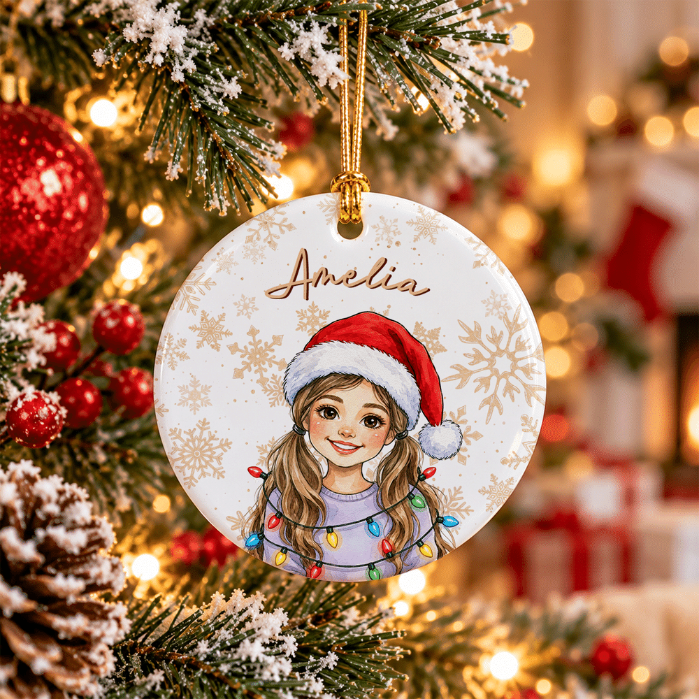 Personalized Watercolor Cartoon Character Photo Heart Round Ceramic Ornament with Name Christmas Holiday Gift for Family Friends 2