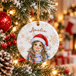 Personalized Watercolor Cartoon Character Photo Heart Round Ceramic Ornament with Name Christmas Holiday Gift for Family Friends 2