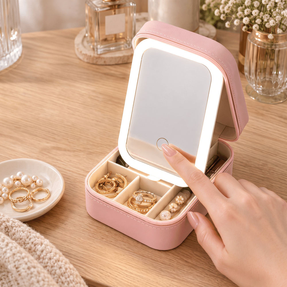 Boîte à bijoux personnalisée en cuir PU sur le thème des papillons et des fleurs de naissance, avec prénom et miroir de maquillage LED tricolore réglable – Cadeau d'anniversaire pour femme, à utiliser au quotidien 2
