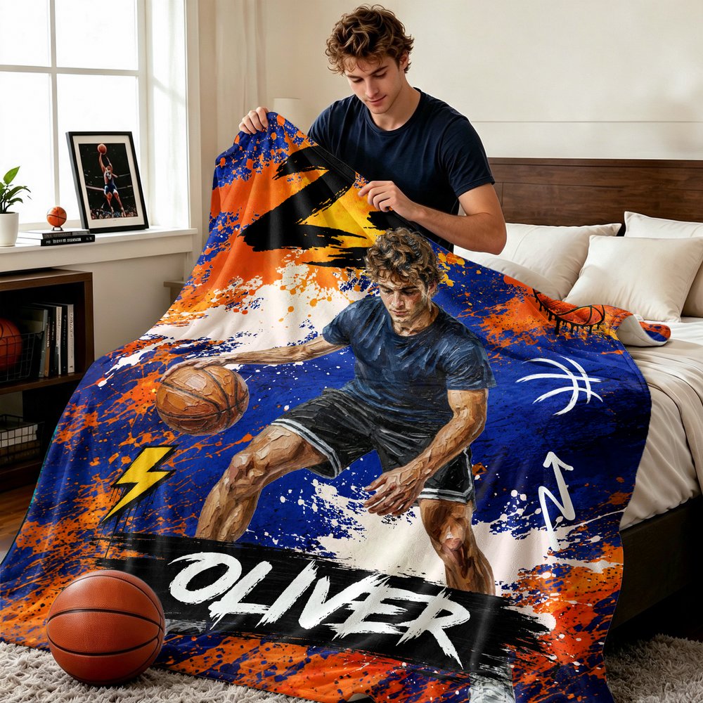 Personalized Graffiti Oil Painting Style Photo Soft Throw Blanket with Name Basketball Club Birthday Gift for Basketball Players 3
