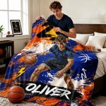 Personalized Graffiti Oil Painting Style Photo Soft Throw Blanket with Name Basketball Club Birthday Gift for Basketball Players 3