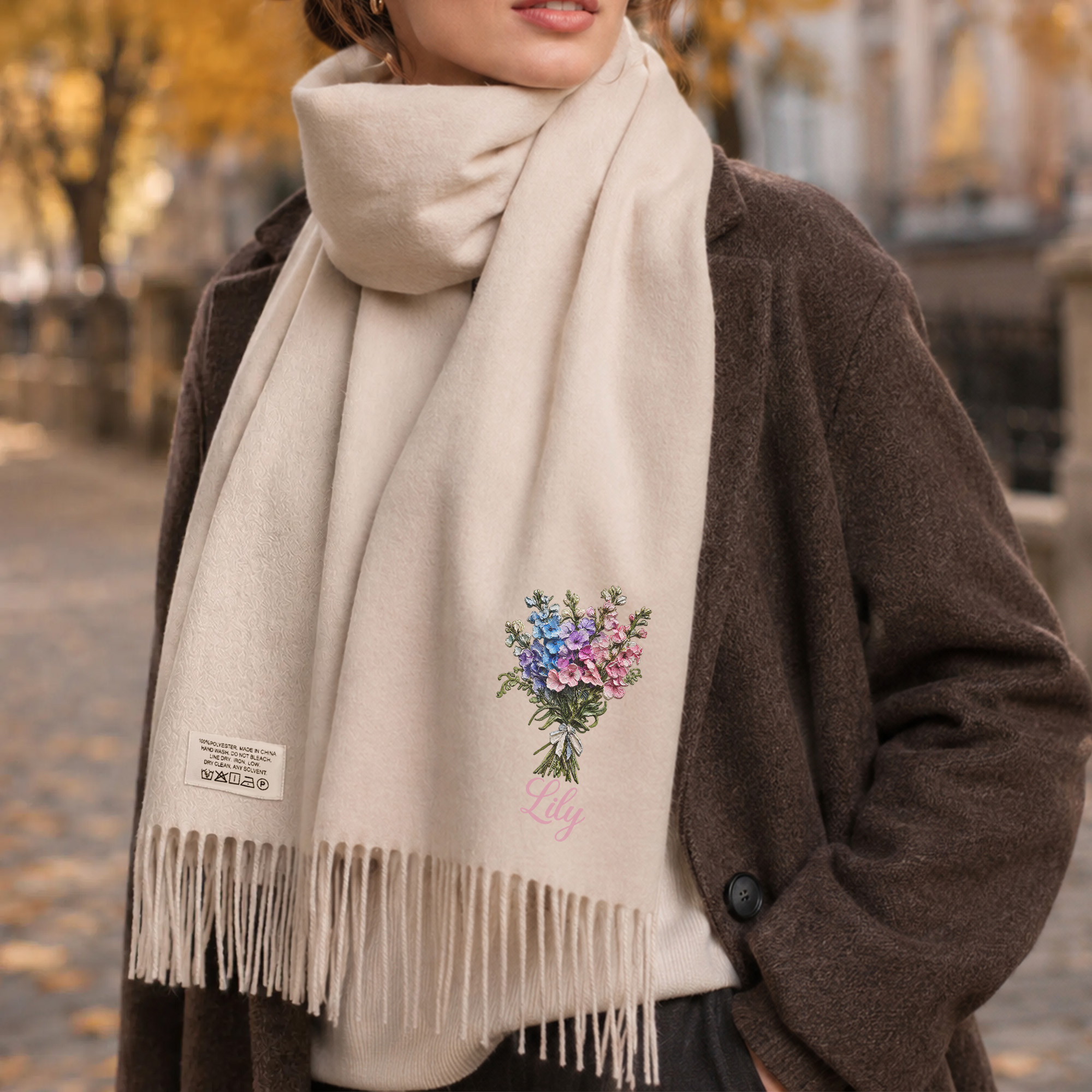 Personalised Warm Soft Oil Painting Birth Flower Tassel Scarf with Name Daily Wear Winter Gift for Family Friends