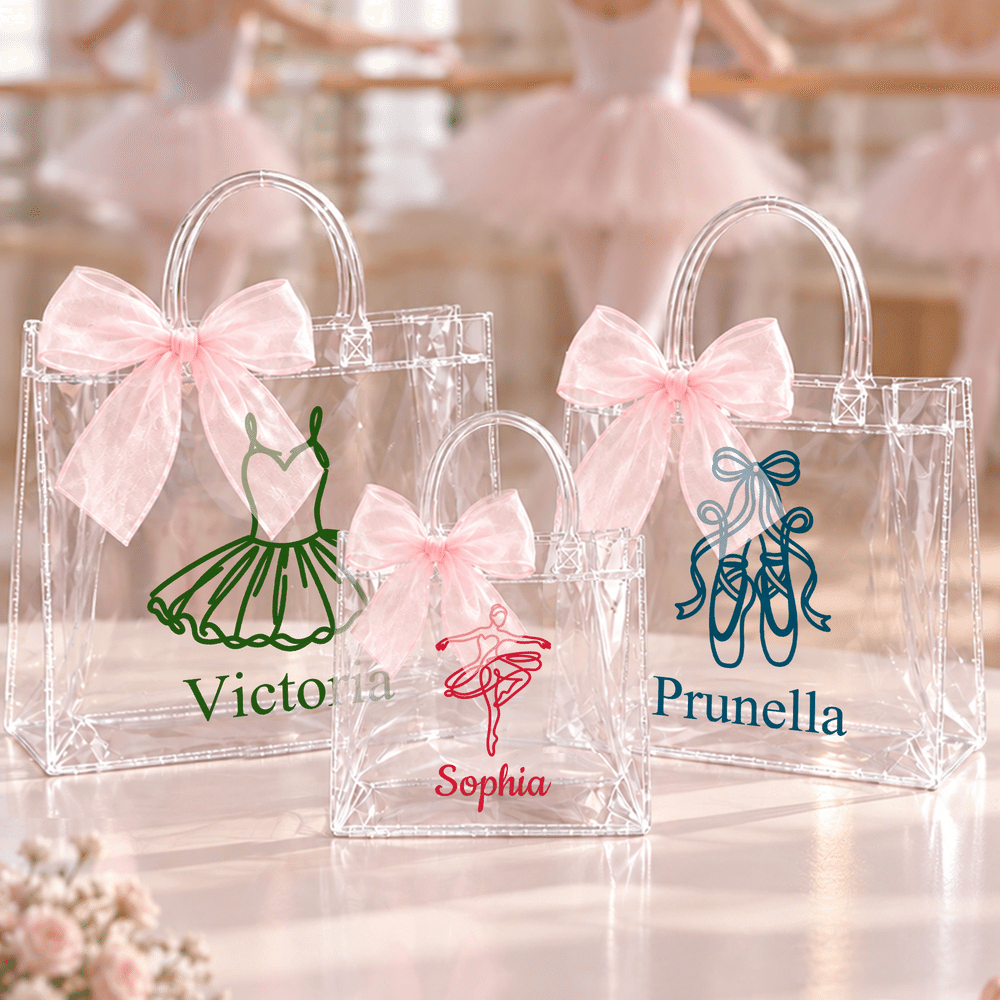 Personalized Ballerina Girl Pink Ribbon Bow Transparent Gift Bag with Name and Daily Use Birthday Christmas Gift for Girl Ballet Lover 3