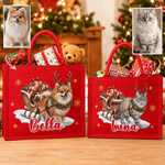 Personalised Cute Pet Photo Christmas Elk Antlers Large Capacity Red Jute Tote Bag with Name Christmas Party Gift for Kids Pet Lovers 2