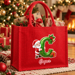 Personalized Santa Claus Snowman Reindeer Initial Large Capacity Red Jute Tote Bag with Name Christmas Gift for Kids Family Friends