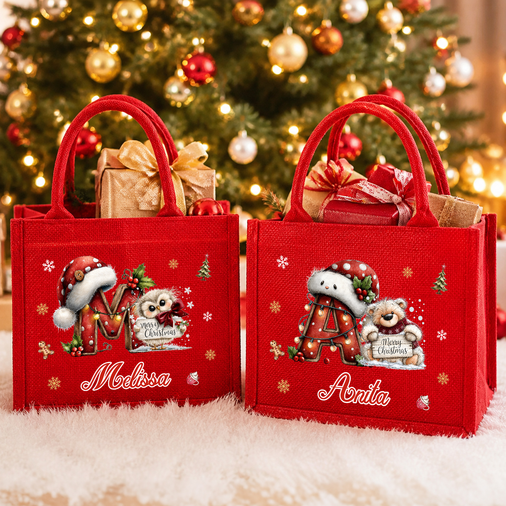 Personalisierte, niedliche Weihnachts-Tier-Weihnachtsmannmütze – wiederverwendbare rote Leinentasche als Geschenktüte mit Initialen und Namen – Weihnachtsgeschenk für Familie und Kinder