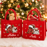 Personalised Cute Christmas Animal Santa Hat Reusable Red Linen Tote Gift Bag with Initial and Name Christmas Party Gift for Family Kids