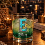 Personalized Turquoise Silver Scrollwork Style Initial 10 oz Whiskey Glass with Name Anniversary Birthday Gift for Cowboy Cowgirl 1