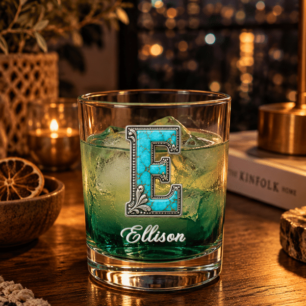 Personalized Turquoise Silver Scrollwork Style Initial 10 oz Whiskey Glass with Name Anniversary Birthday Gift for Cowboy Cowgirl