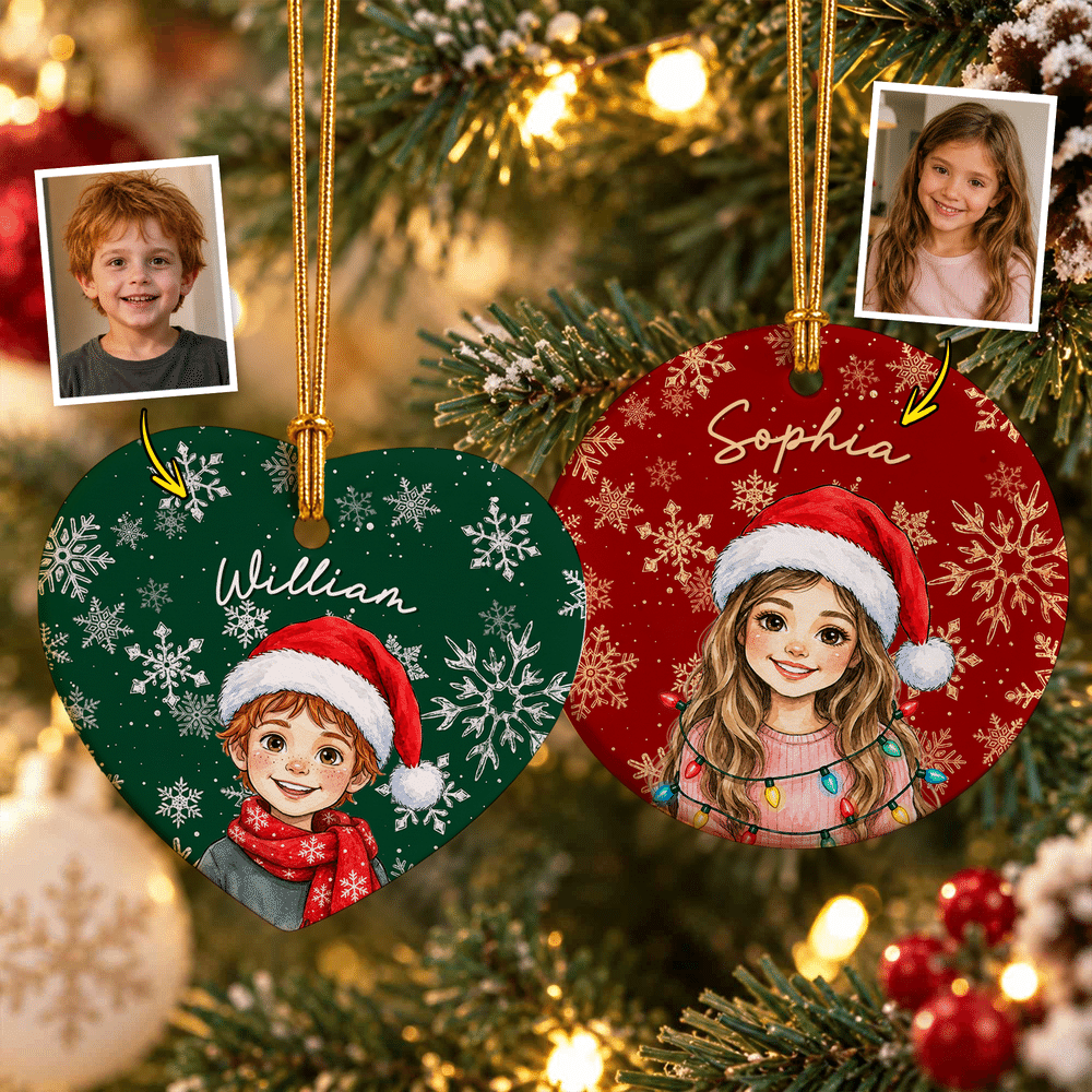 Personalized Watercolor Cartoon Character Photo Heart Round Ceramic Ornament with Name Christmas Holiday Gift for Family Friends 1