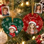 Personalized Watercolor Cartoon Character Photo Heart Round Ceramic Ornament with Name Christmas Holiday Gift for Family Friends 1