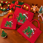 Personalised Christmas Theme Snowflake Holly Santa Hat Initial Large Capacity Linen Tote Bag with Name Christmas Party Holiday Gift for Family Friends