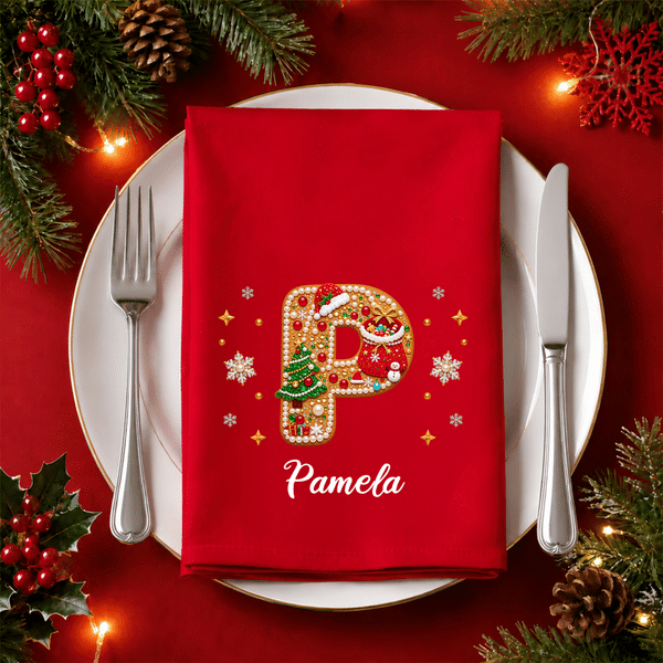 Personalized 3D-Style Artwork Christmas Beaded Initial 100% Cotton Christmas Napkin with Name Table Decor Christmas Gift for Family Friends