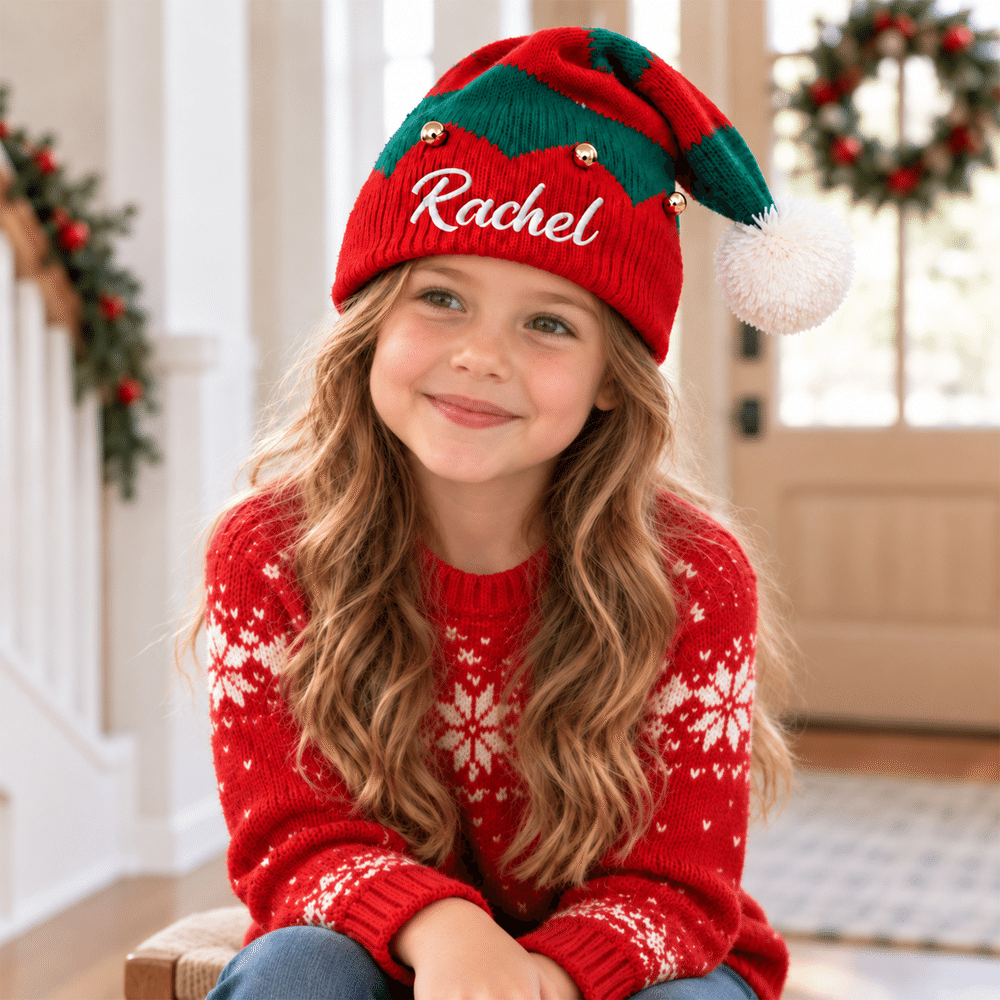 Personalised Embroidery Little Bell White Fluffy Ball Santa Hat with Name Christmas Party Gift for Family 5