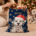 Personalised Watercolor Santa Hat Pet Photo Canvas Drawstring Gift Bag with Name Tree Decor Christmas Eve Gift for Pet Owners Lovers Kids