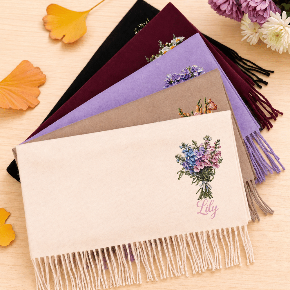 Bufanda personalizada, cálida y suave, con motivos de pintura al óleo, flores de nacimiento y borlas, con nombre; ideal para el día a día, regalo de invierno para familiares y amigos 2