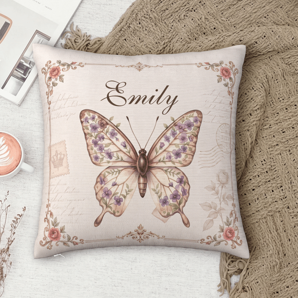 Personalized Retro Butterfly Birth Flower Soft Throw Pillow Cover with Name Home Decor Birthday Gift for Friend Family