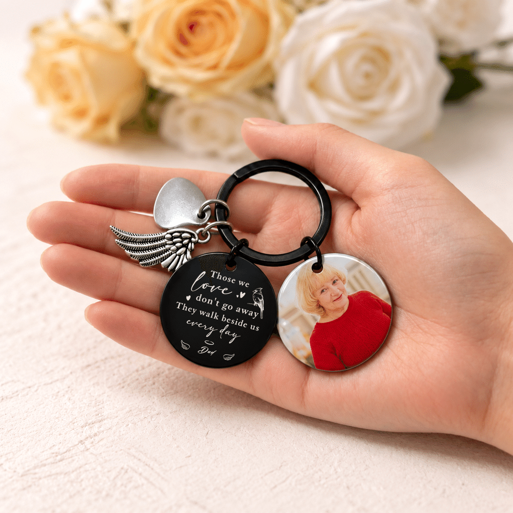 Personalised Heart Wing Photo Round Keyring Bag Tag with Nickname and Text Memorial Sympathy Gift for Dad Mum Family 2