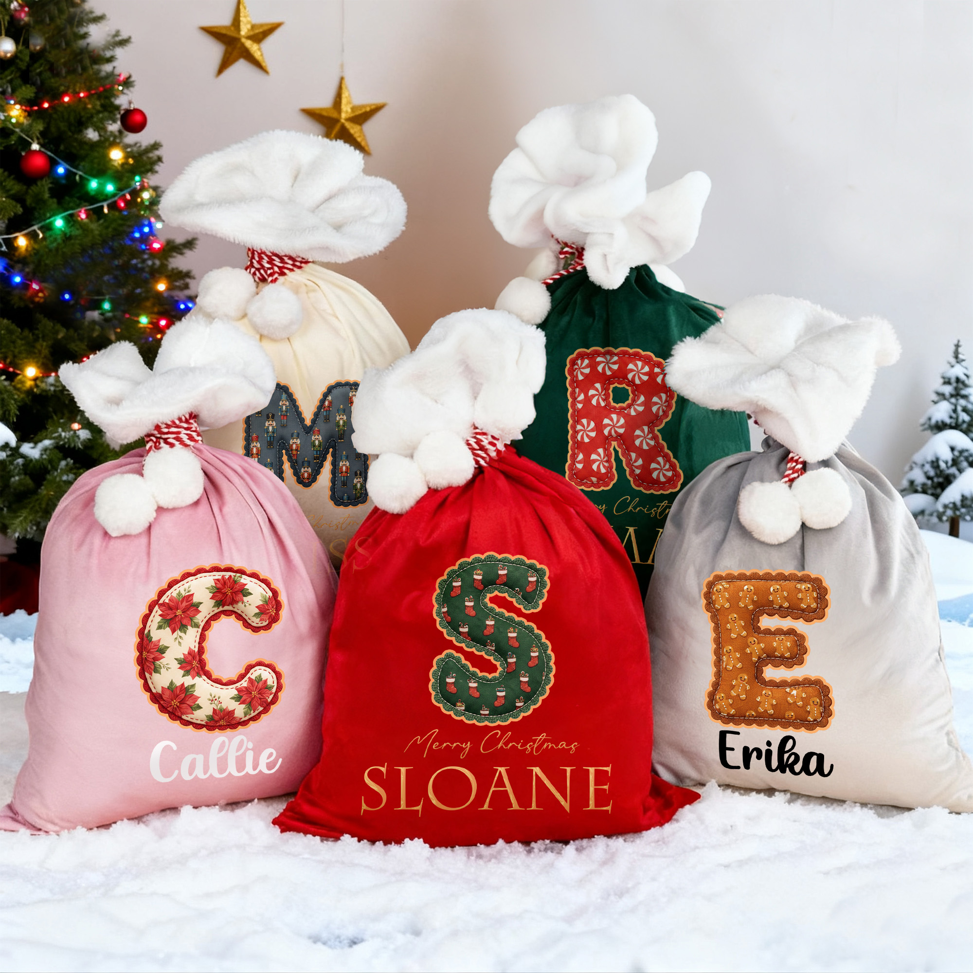 Personalised Merry Christmas Wavy Artistic Effect Initial Large Capacity Velvet Gift Bag with Name Christmas Holiday Gift for Kids Family Friends