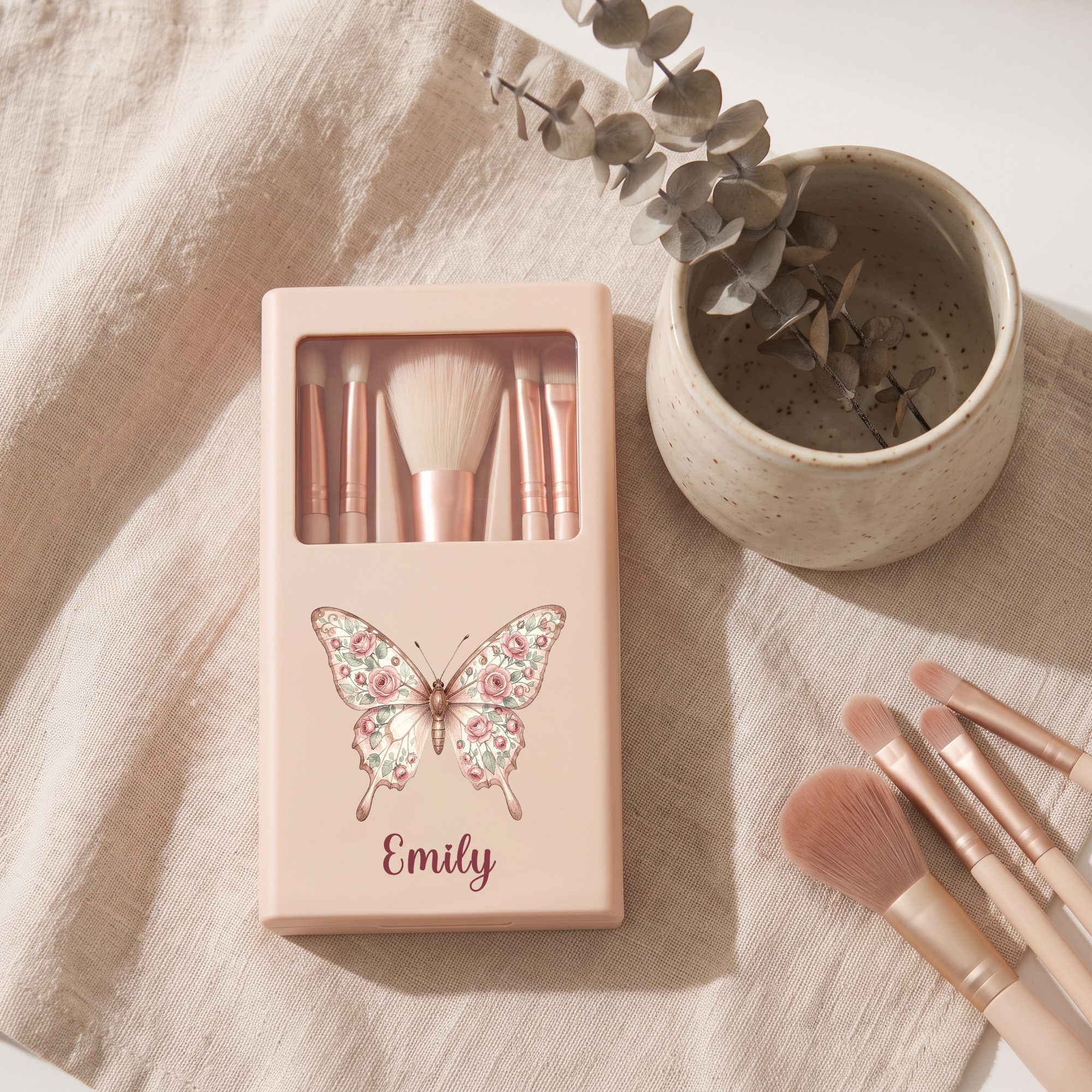 Personalised Butterfly Birth Flower Name 5 Pcs Makeup Brush Set with Travel Storage Box and Mirror Daily Use Birthday Gift for Women Girls