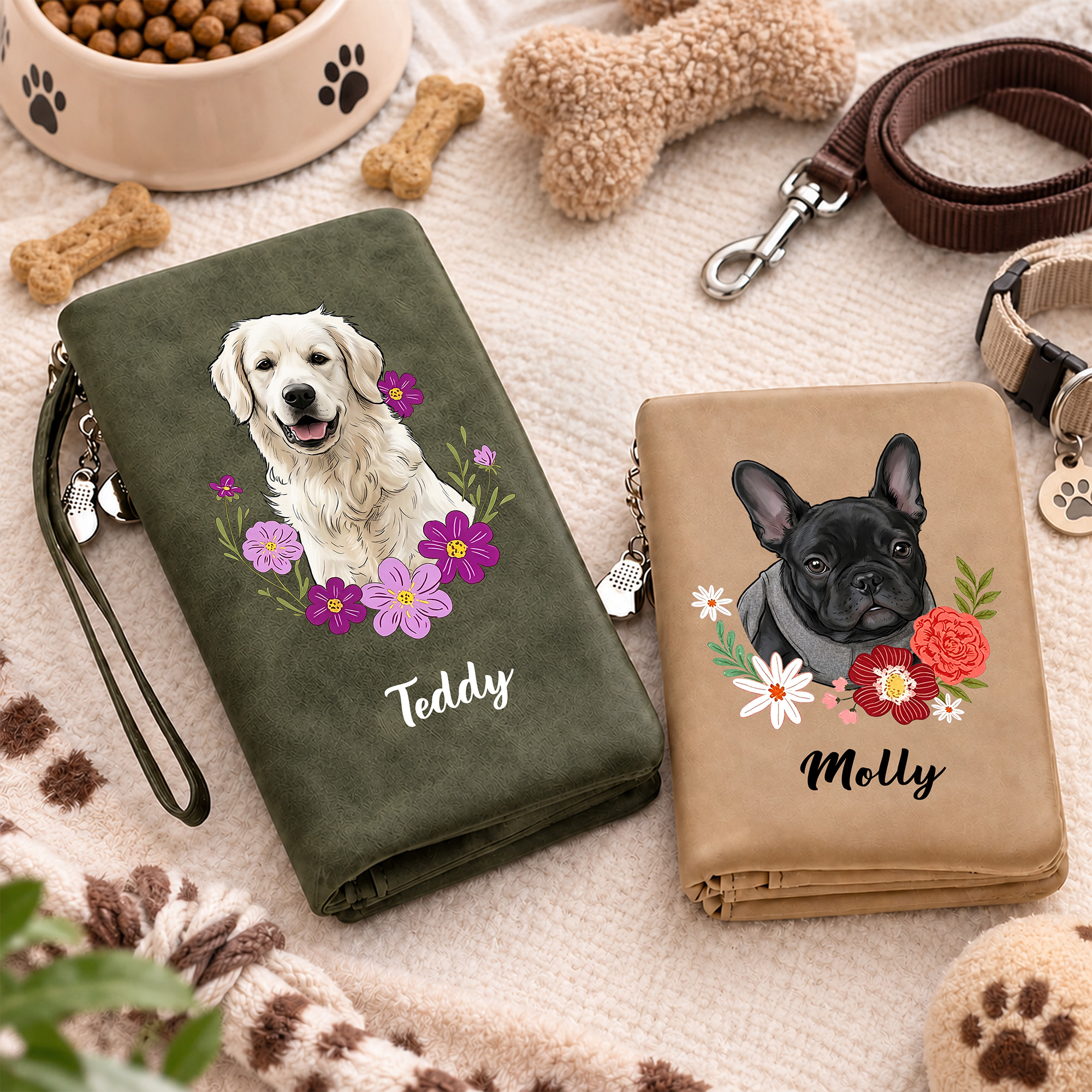 Personalisierte Geldbörse mit Aquarell-Tierfoto | mit Namen und Handschlaufe | PU-Leder | Lang- & Kurzformat | Geburtstagsgeschenk für Tierliebhaber