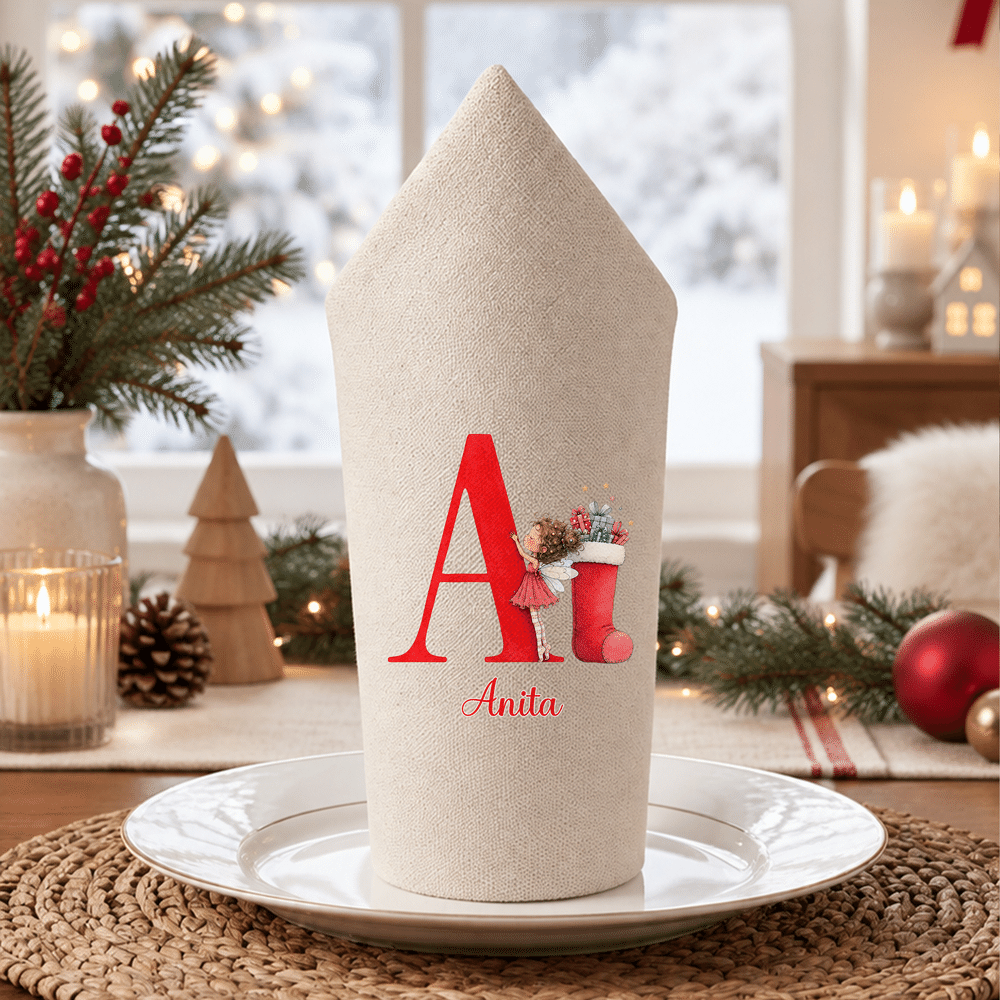 Servilleta de lino personalizada con iniciales y motivos navideños, ideal como decoración de mesa, regalo para fiestas navideñas, para niños, familiares y amigos 5