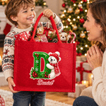 Personalized Santa Claus Snowman Reindeer Initial Large Capacity Red Jute Tote Bag with Name Christmas Gift for Kids Family Friends