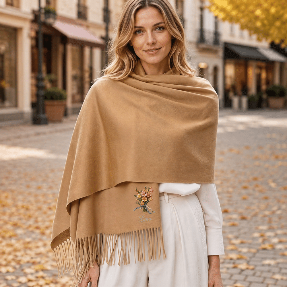 Bufanda personalizada, cálida y suave, con motivos de pintura al óleo, flores de nacimiento y borlas, con nombre; ideal para el día a día, regalo de invierno para familiares y amigos 3
