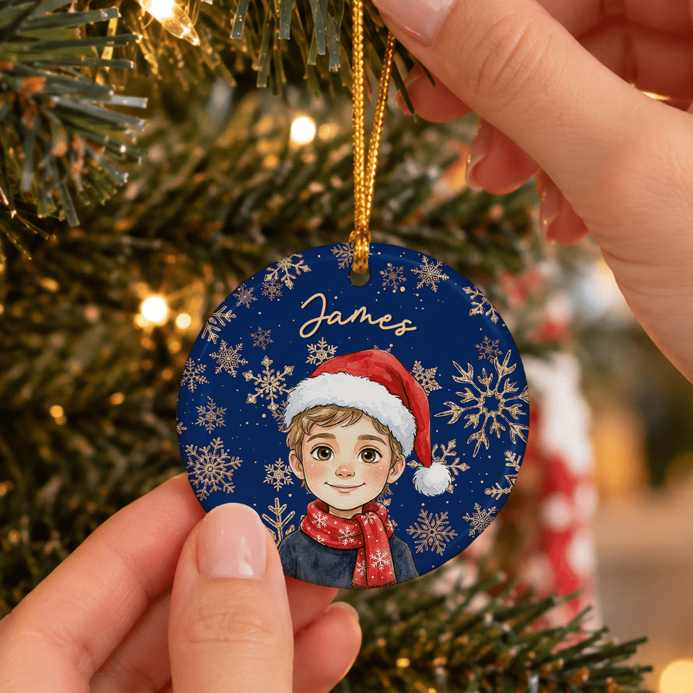 Personalized Watercolor Cartoon Character Photo Heart Round Ceramic Ornament with Name Christmas Holiday Gift for Family Friends 6