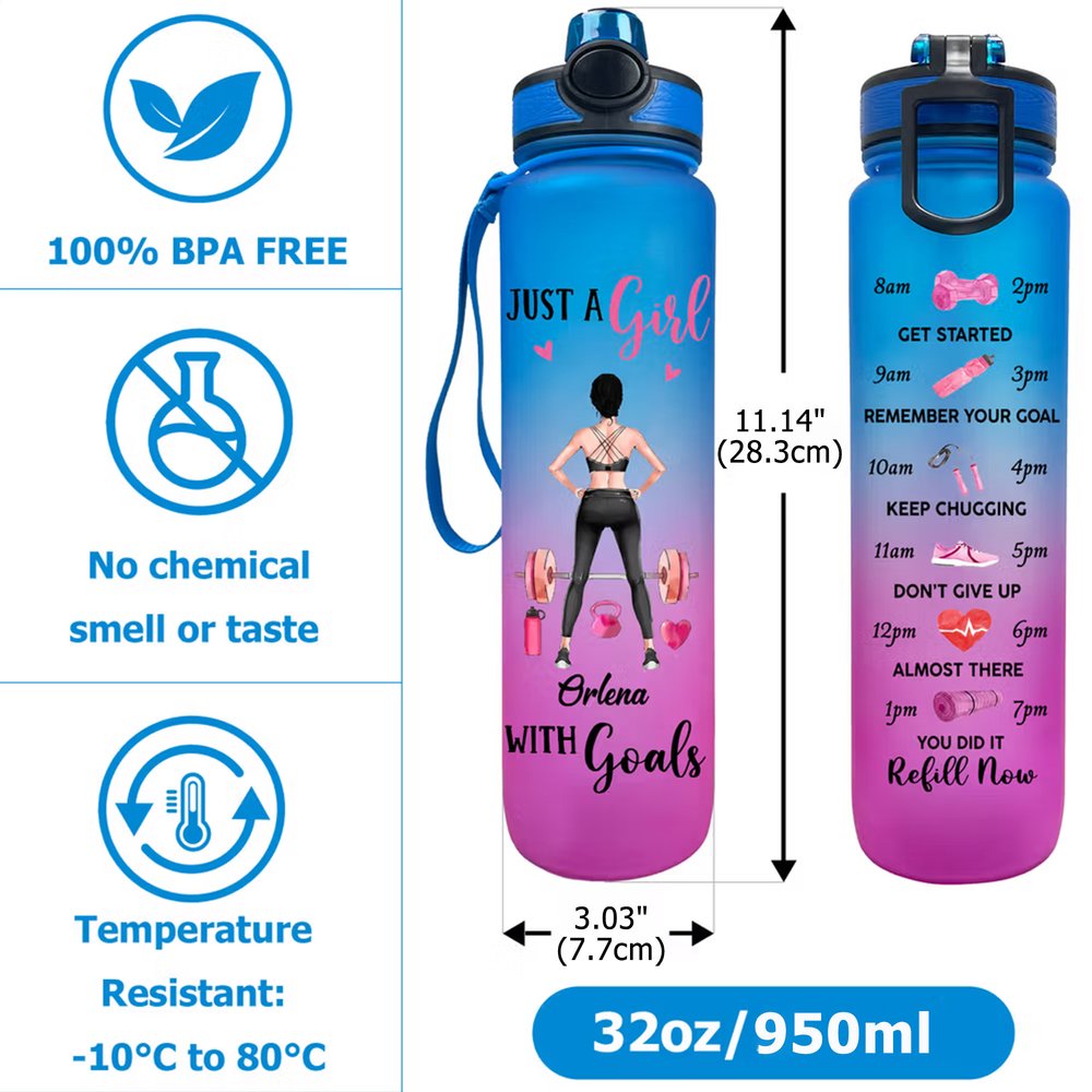 Personalized Fitness Girl Graphic Motivational Quote BPA-Free 32 oz Water Bottle with Flip-Top Lid and Time Markers Birthday Gift for Fitness Women 9