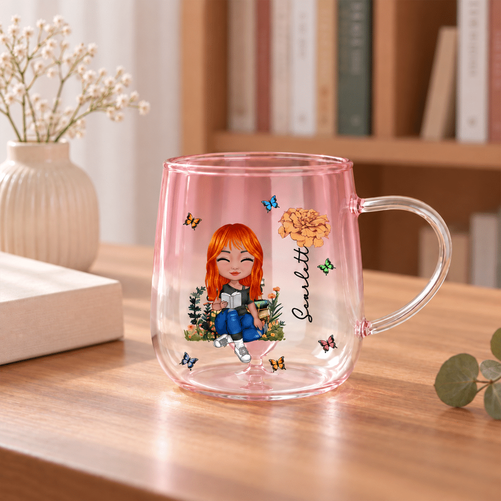 Personalised Birth Flower Stereoscopic Heart Reading Character Gradient Colour 15 oz Glass Mug with Name Daily Use Birthday Christmas Gift for Reader 3