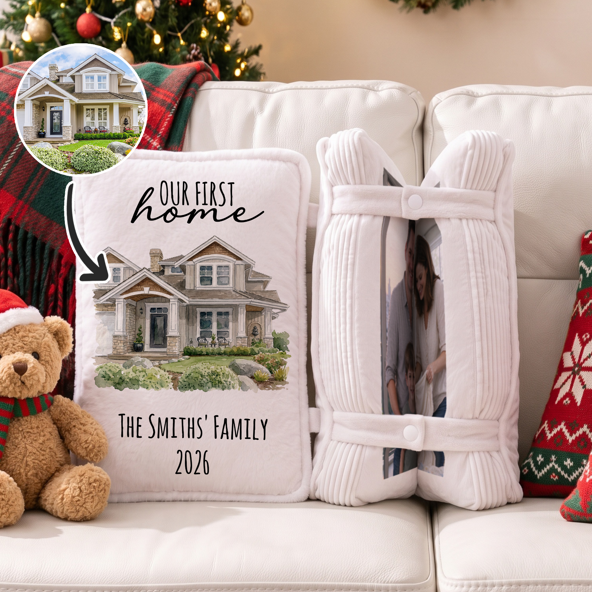Personalisiertes, fotobuchförmiges Kissen „Unser erstes Zuhause“ mit Jahreszahl und Text – Ein Einweihungs- und Weihnachtsgeschenk für Familie und Freunde