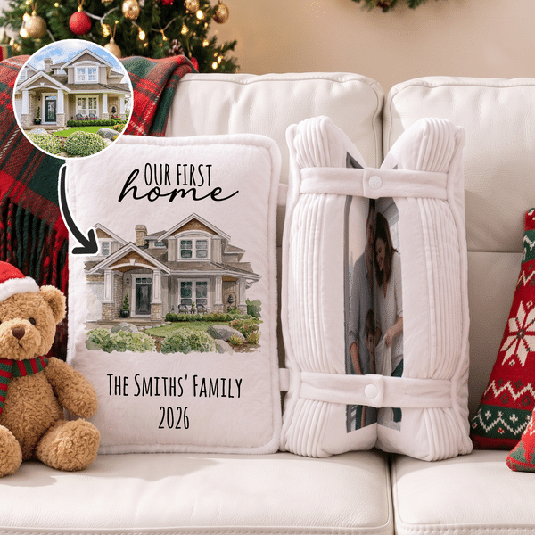 Personalized Our First Home House Photo Book-Shaped Soft Throw Pillow with Year and Text Housewarming Christmas Gift for Family Friends