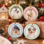 Personalised Watercolor Pet Portrait Bow Striped Ceramic Christmas Ornament with Name Home Decor Christmas Gift for Pet Owners Lovers