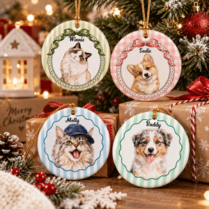 Personalised Watercolor Pet Portrait Bow Striped Ceramic Christmas Ornament with Name Home Decor Christmas Gift for Pet Owners Lovers