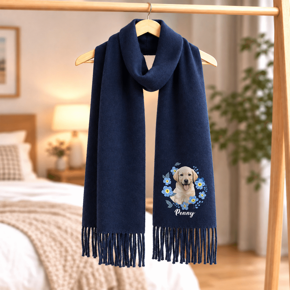 Personalised Floral Watercolor Pet Photo Scarf with Name Winter Daily Use Christmas Birthday Gift for Pet Owners Lovers Women 4
