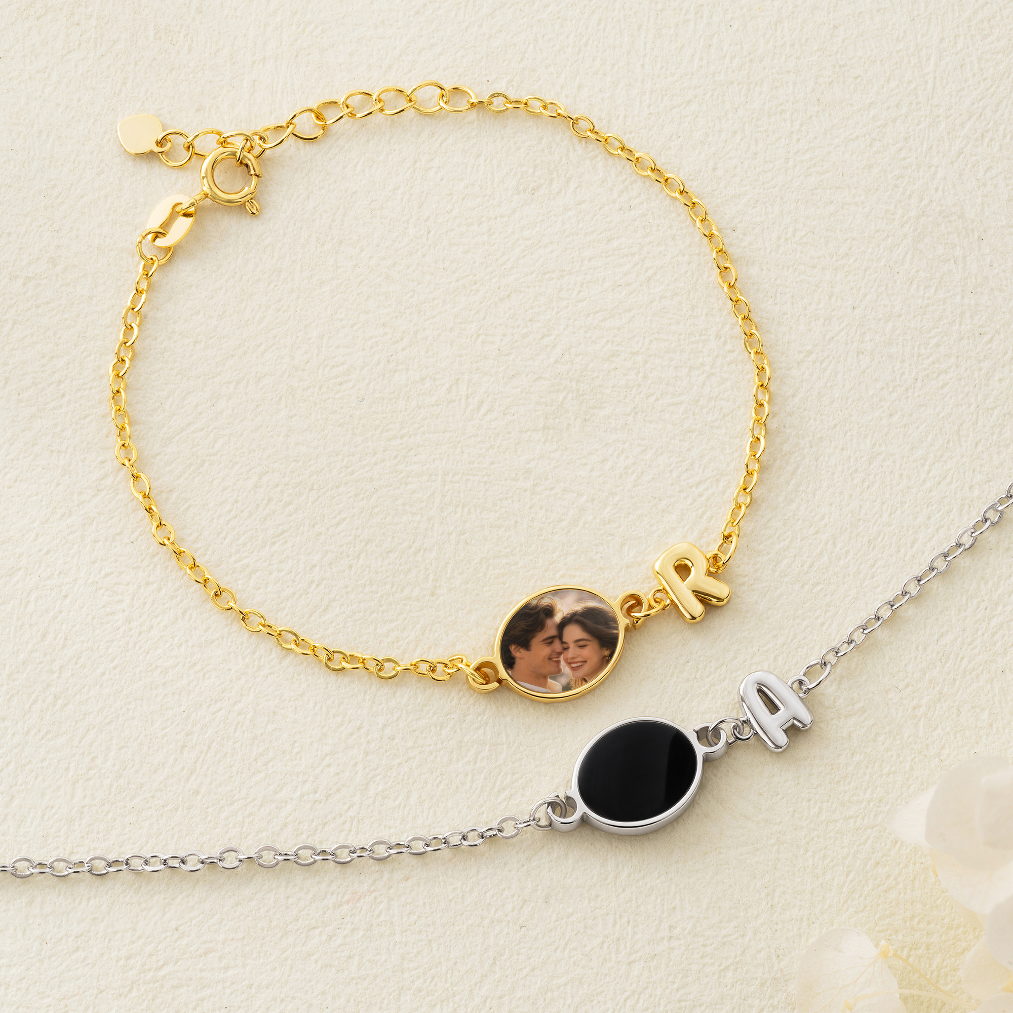 Personalized Heat-Activated Hidden Photo Engraved Text Sterling Silver Bracelet with 3D Bubble Initial Birthday Memorial Gift for Family Friends