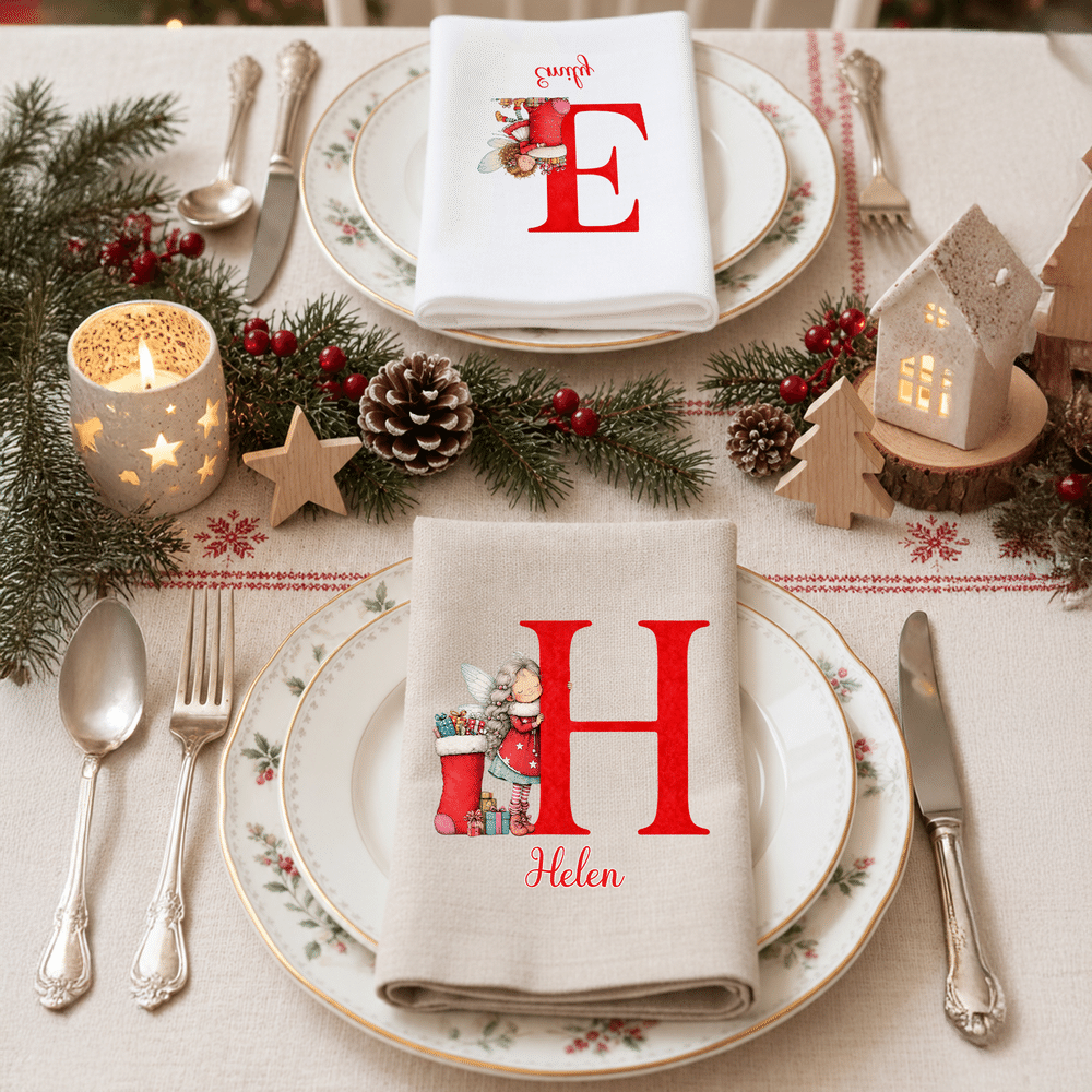 Servilleta de lino personalizada con iniciales y motivos navideños, ideal como decoración de mesa, regalo para fiestas navideñas, para niños, familiares y amigos 4