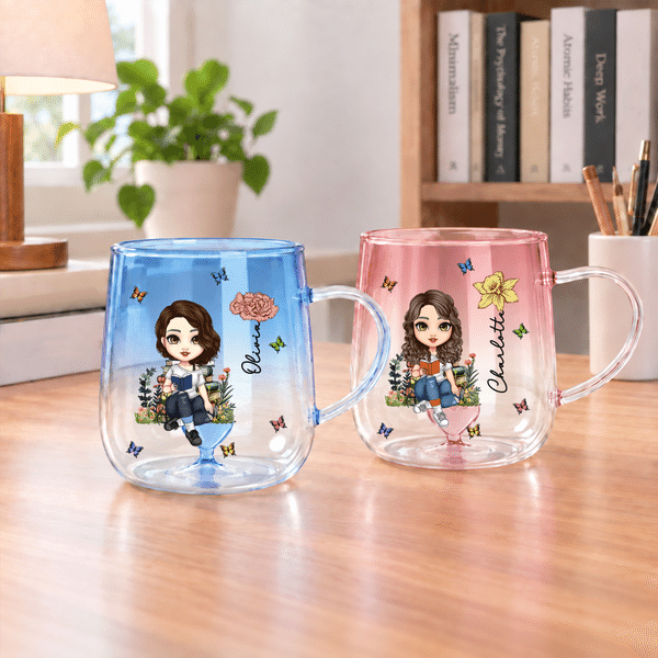Personalised Birth Flower Stereoscopic Heart Reading Character  Gradient Colour 15 oz Glass Mug with Name Daily Use Birthday Christmas Gift for Reader