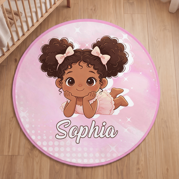 Personalised Cartoon Black Kid Non-Slip Round Rug with Name Nursery Decor Birthday Gift for Newborns Parents