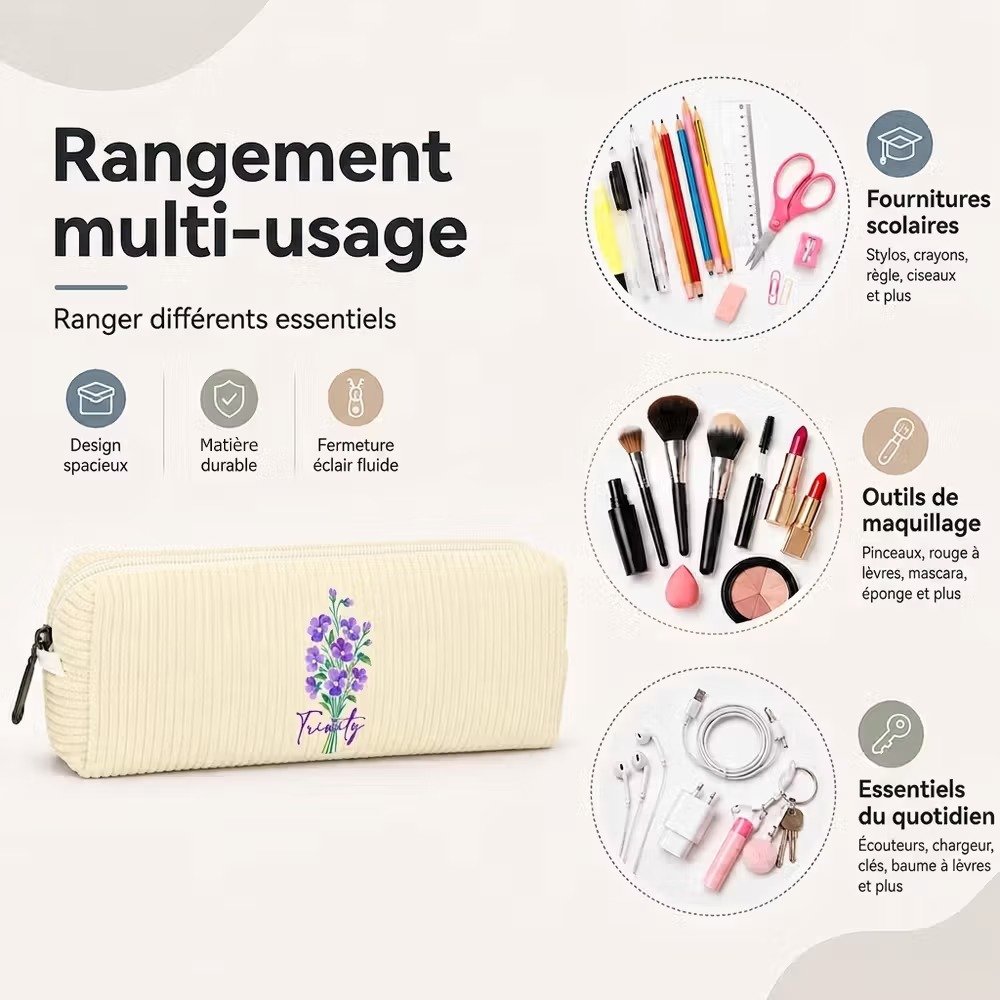 Trousse à crayons en velours côtelé personnalisée avec fleur de naissance et nom - Cadeau de rentrée pour enseignante 9