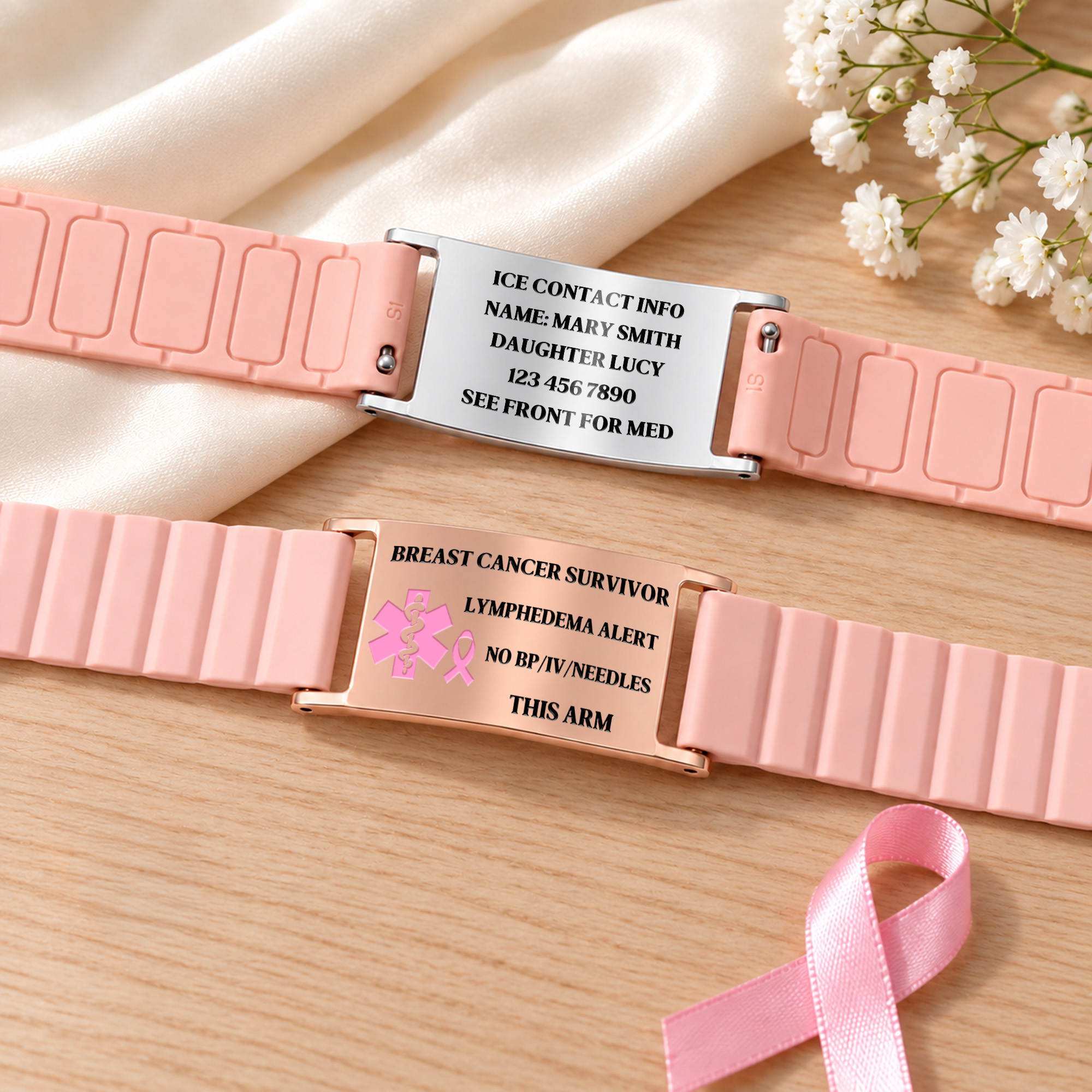Personalised Pink Ribbon Bow Medical Alert Bracelet with Engraved Text Daily Wear Emergency Jewellery Birthday Gift for Breast Cancer Woman