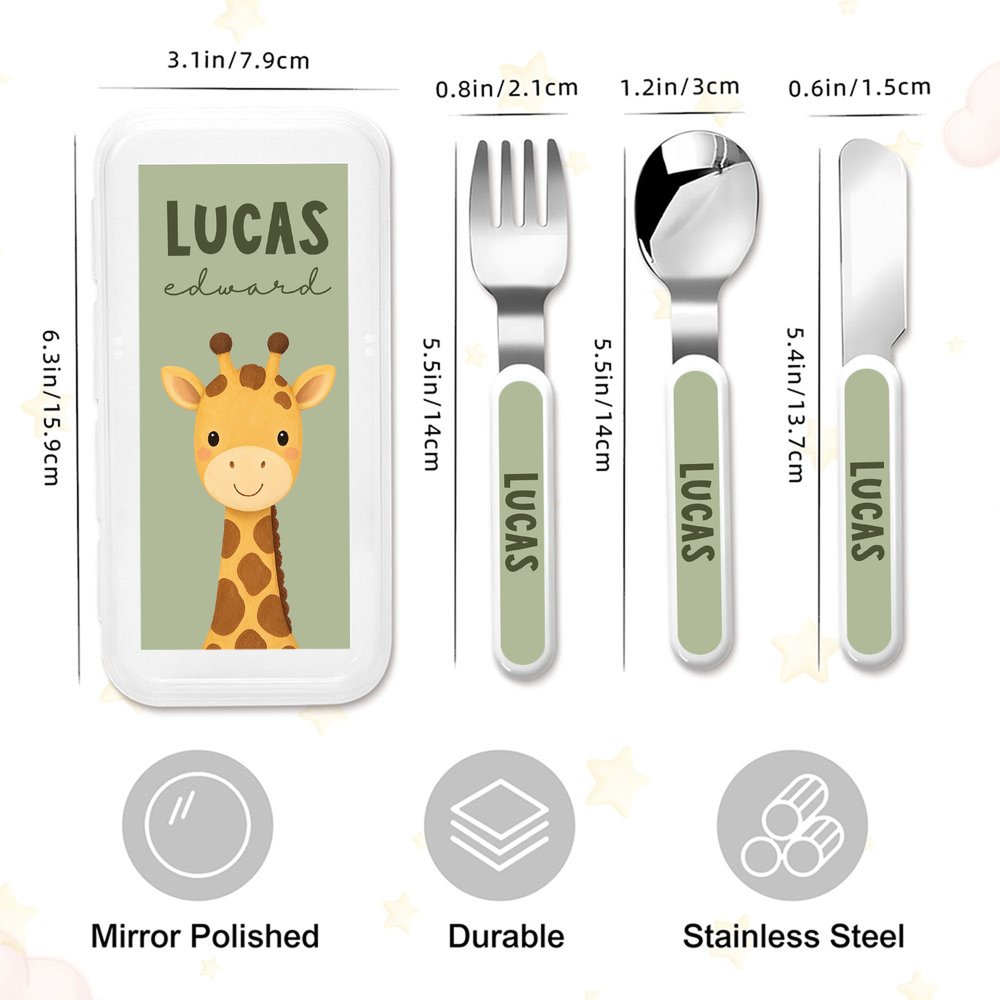 Personalized Cartoon Wild Animal Fork Spoon Knife 3 Pcs Cutlery Set with Name and Case Daily Use Back to School Birthday Christmas Gift for Kids 9